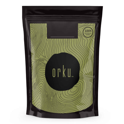 Organic Orku 50g Moringa leaf powder from Hlpmedical, food-grade oleifera drumstick leaf supplement in a clear container.