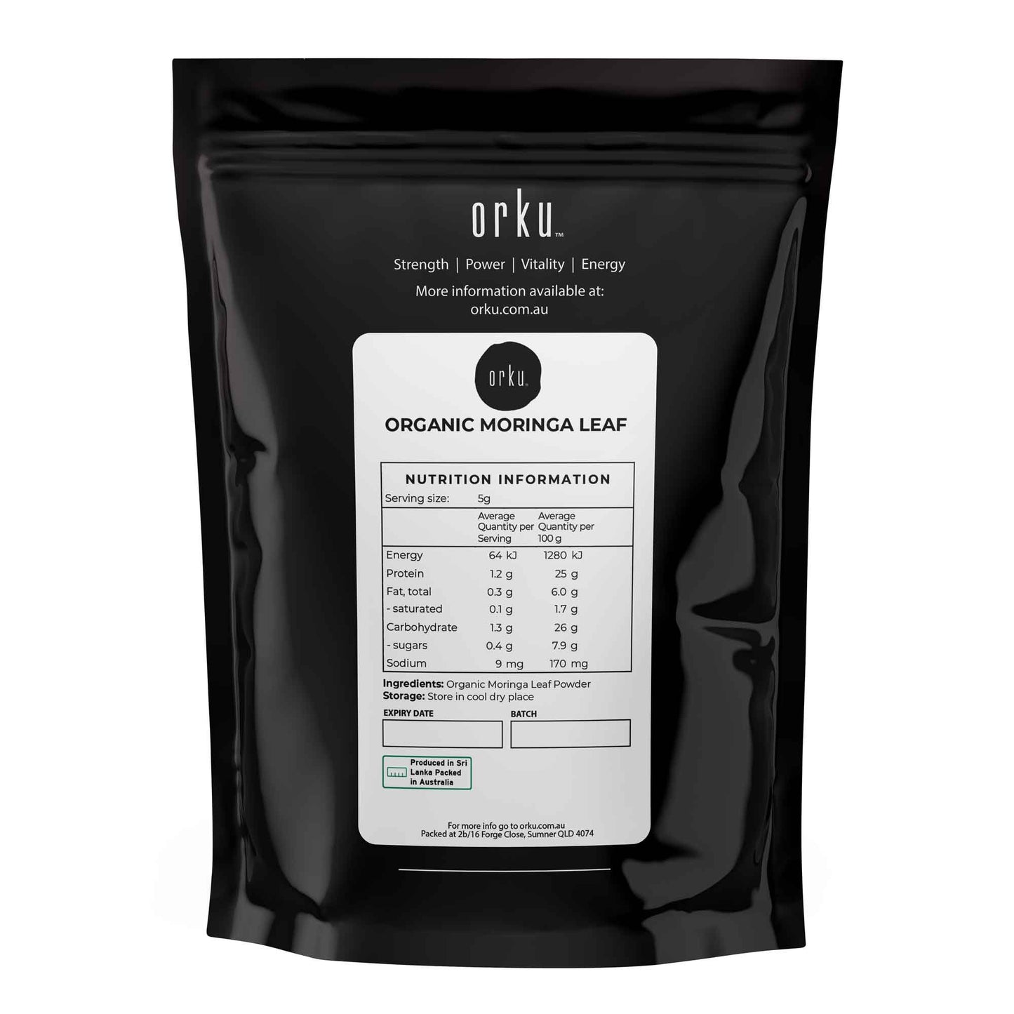 Organic Orku Moringa Leaf Powder in a 50g drum, food grade Oleifera supplement, from Hlpmedical, for health and nutrition.