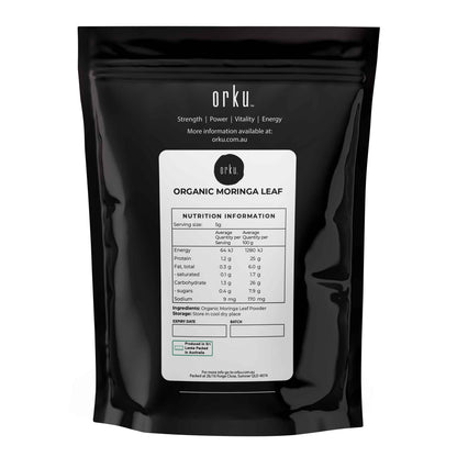 Organic Orku Moringa Leaf Powder in a 50g drum, food grade Oleifera supplement, from Hlpmedical, for health and nutrition.