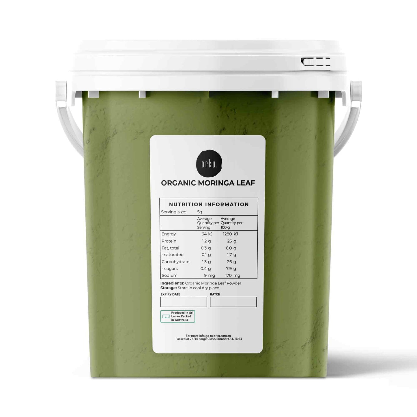 Organic Moringa leaf powder tub by Hlpmedical, 400g food-grade oleifera supplement in a drumstick leaf supplement container.