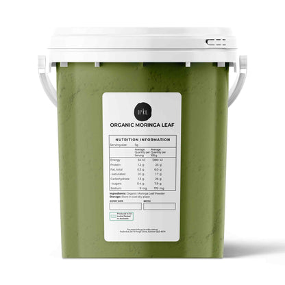 Organic Moringa leaf powder tub by Hlpmedical, 400g food-grade oleifera supplement in a drumstick leaf supplement container.