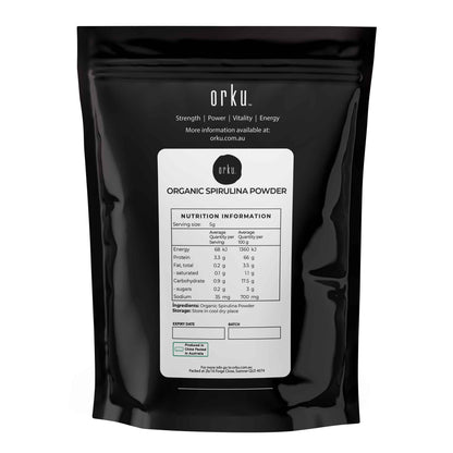 Organic spirulina powder in a 400g package by Hlpmedical, vibrant green algae supplement for health and nutrition.