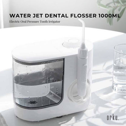 Hlpmedical Orku 1000ml electric water flosser in white with adjustable pressure for oral and dental hygiene.