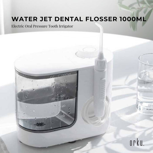Hlpmedical Orku 1000ml electric water flosser in white with adjustable pressure for oral and dental hygiene.