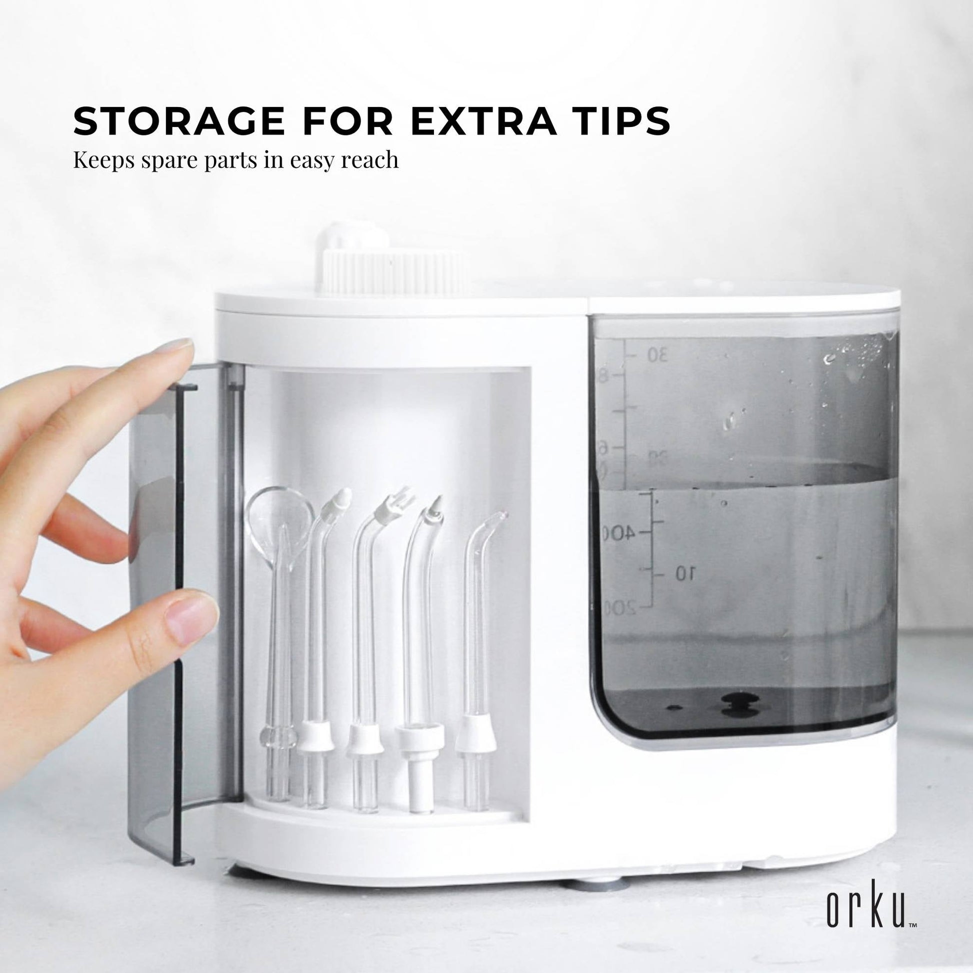 Hlpmedical Orku 1000ml electric water flosser in white with adjustable pressure for effective oral care.