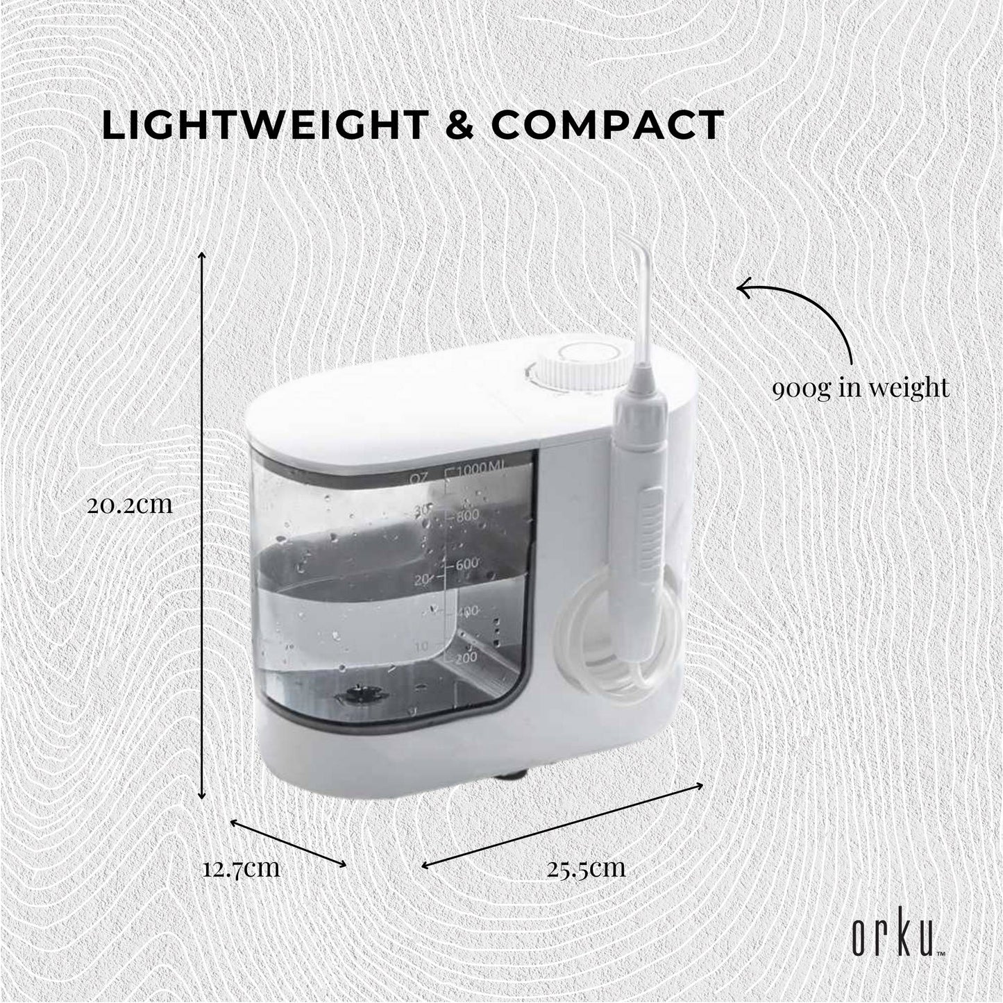 Hlpmedical Orku 1000ml electric water flosser in white with adjustable pressure for oral hygiene and dental care.