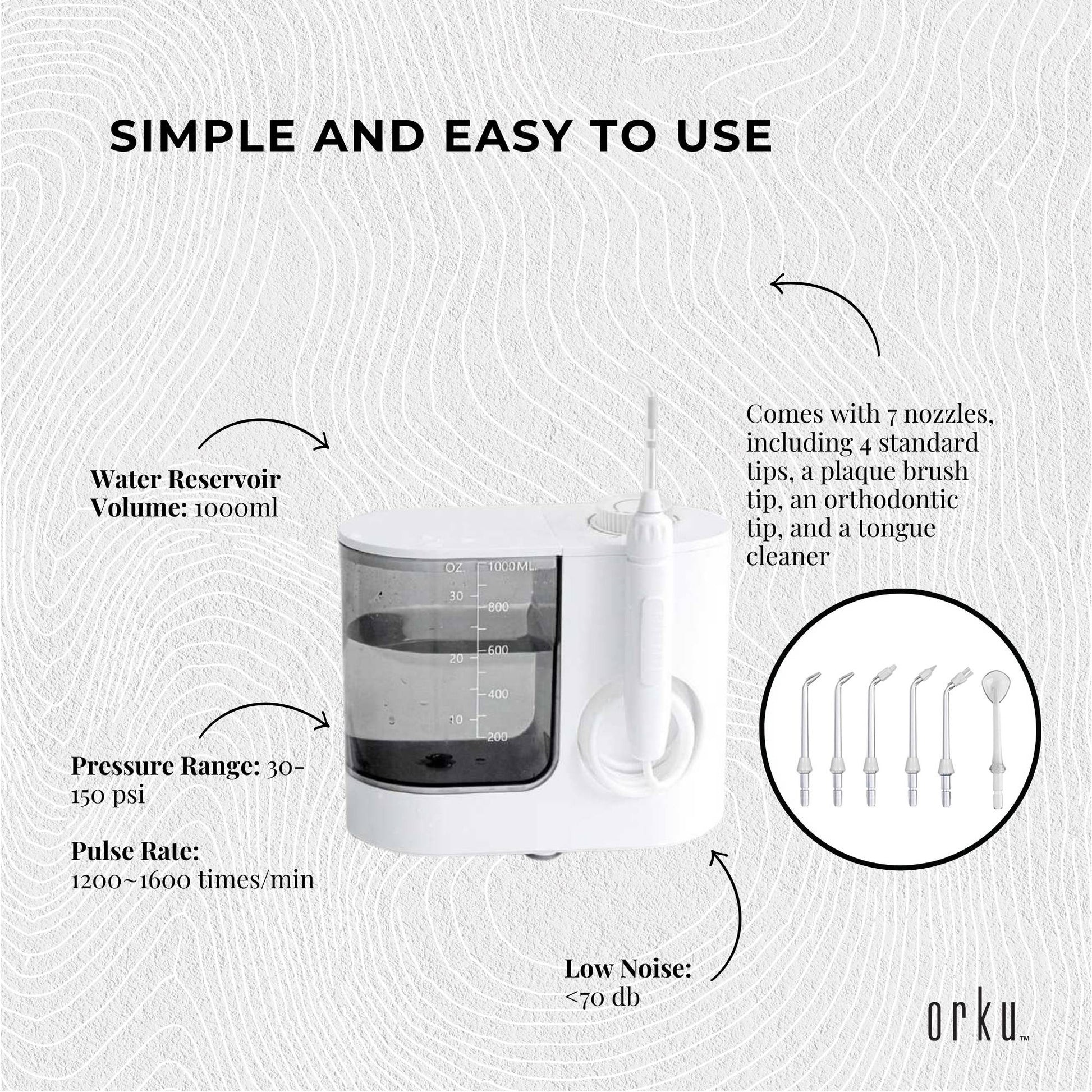 Hlpmedical Orku 1000ml electric water flosser in white with adjustable pressure for effective oral hygiene and deep cleaning.