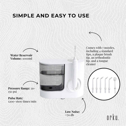 Hlpmedical Orku 1000ml electric water flosser in white with adjustable pressure for effective oral hygiene and deep cleaning.