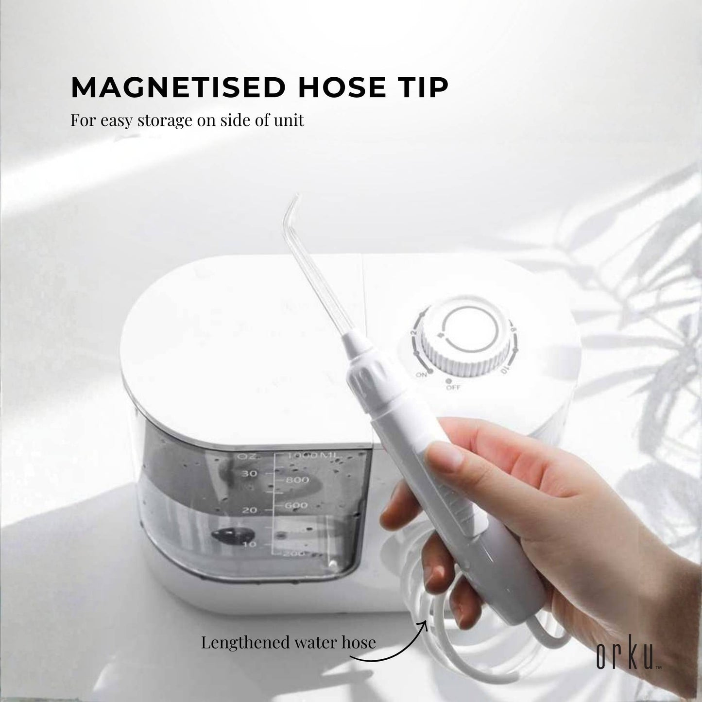 Hlpmedical Orku 1000ml electric water flosser in white with adjustable pressure for effective oral and dental hygiene.