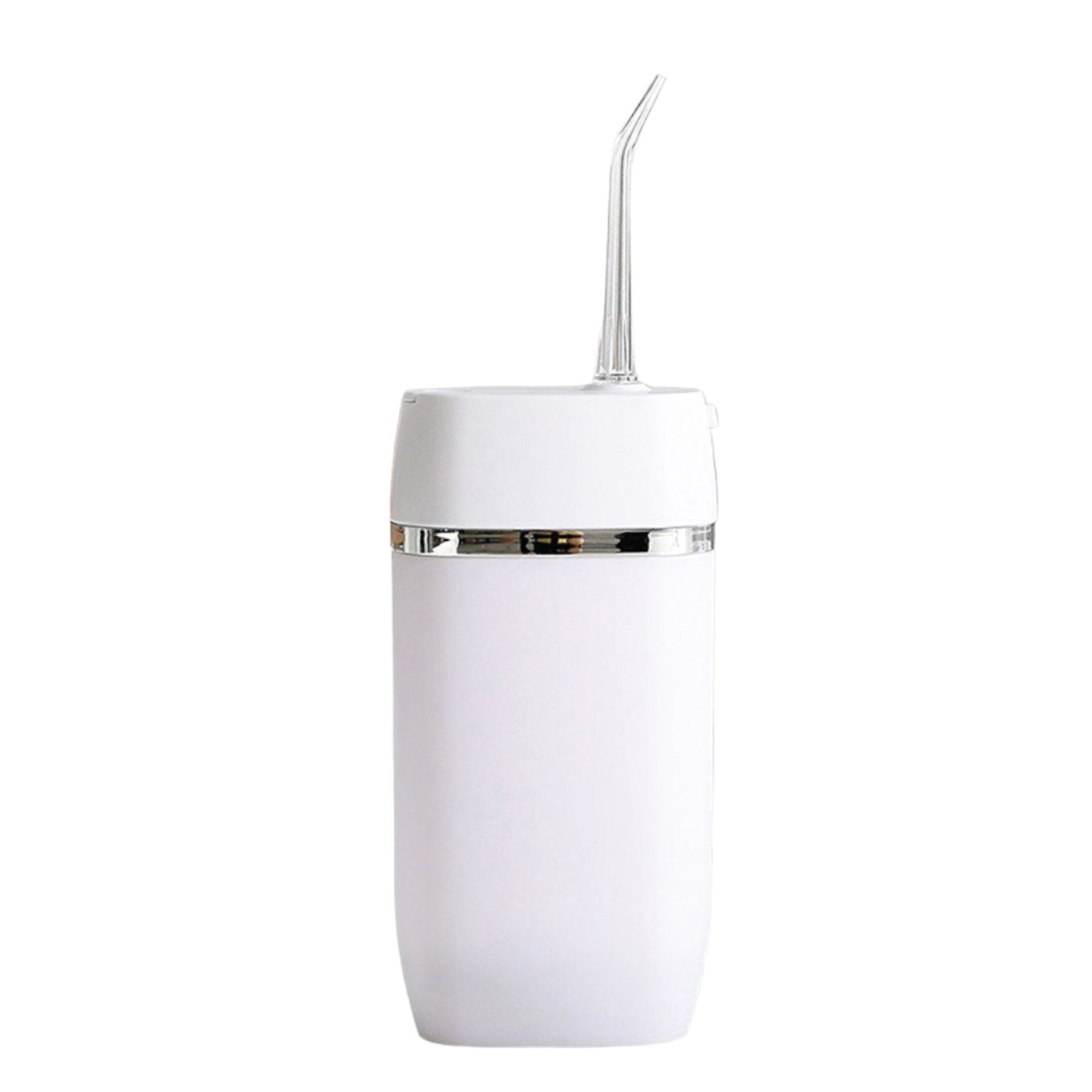 White rechargeable cordless mini water flosser from Hlpmedical, compact travel oral irrigator for effective oral hygiene.