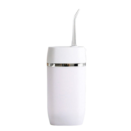White rechargeable cordless mini water flosser from Hlpmedical, compact travel oral irrigator for effective oral hygiene.