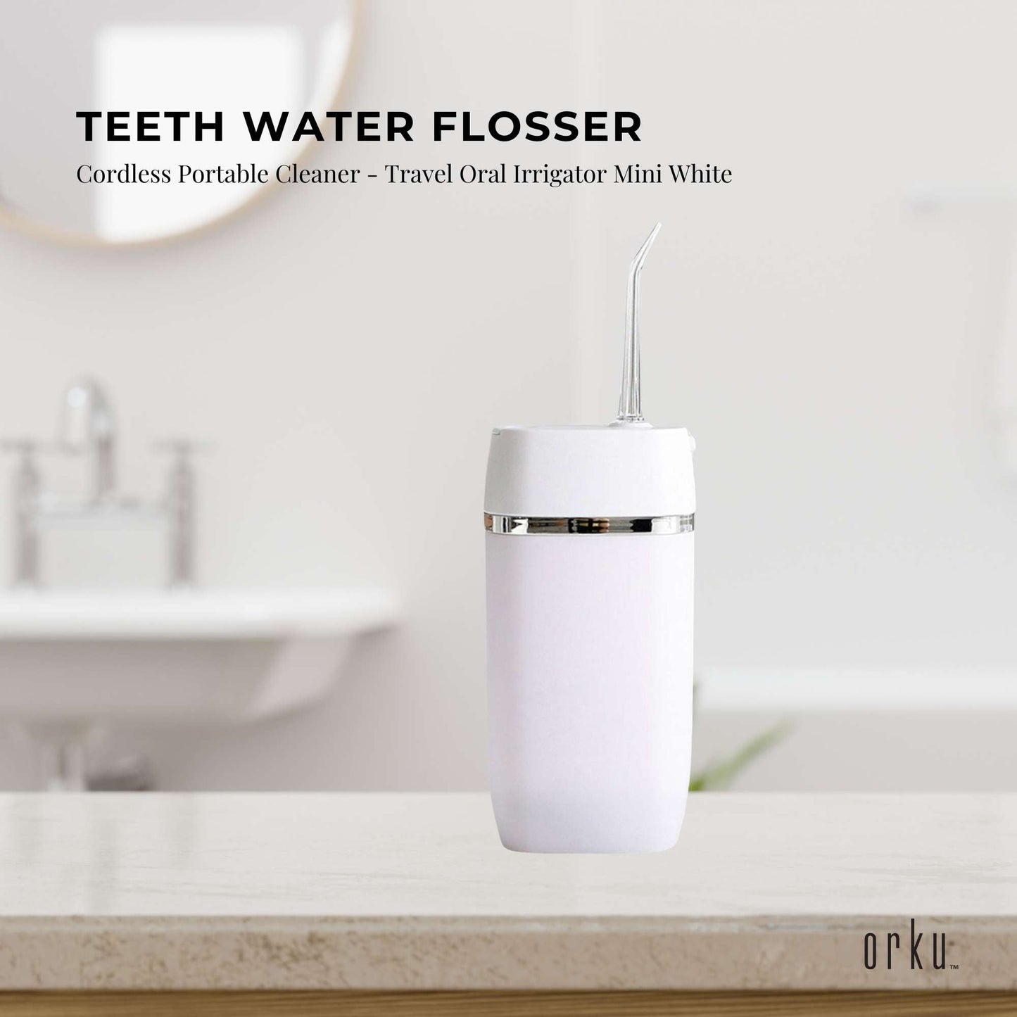 White rechargeable cordless mini water flosser by Hlpmedical, portable oral irrigator for travel and personal oral care.