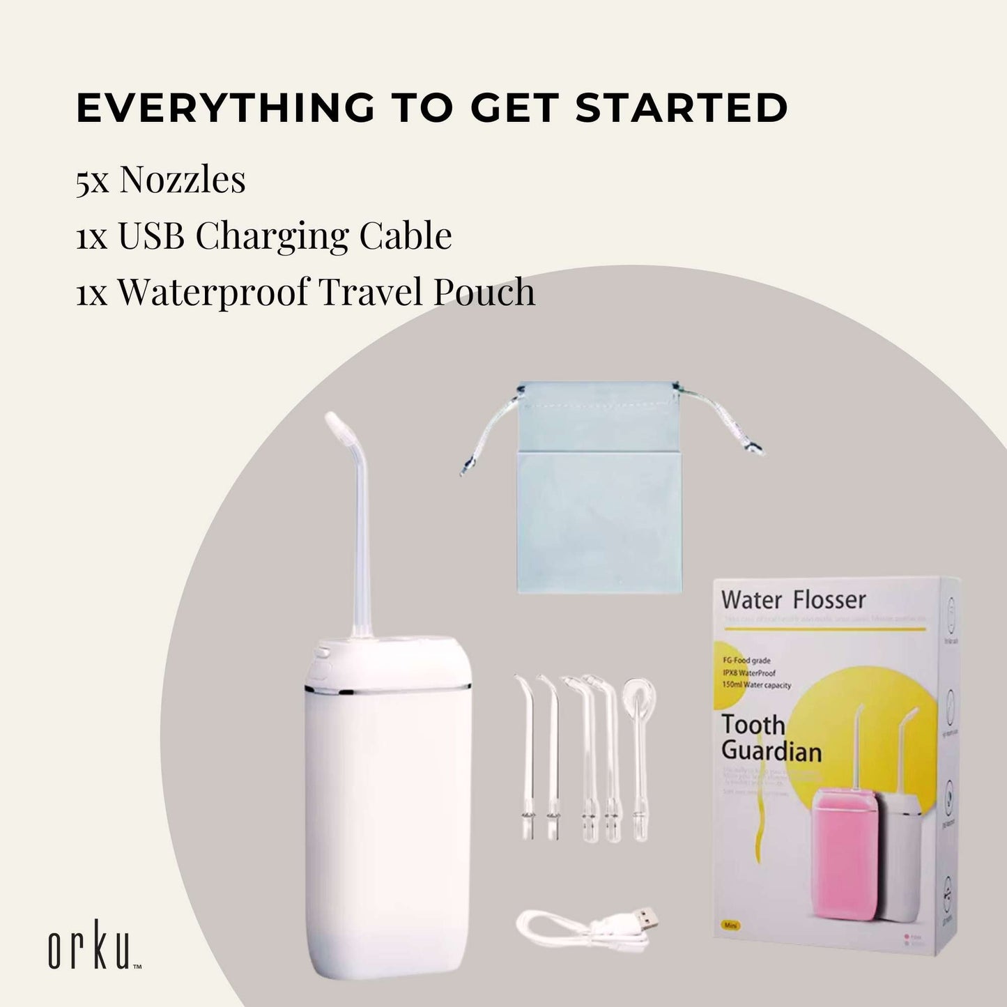 White mini rechargeable cordless water flosser by Hlpmedical, portable oral irrigator for effective dental cleaning.