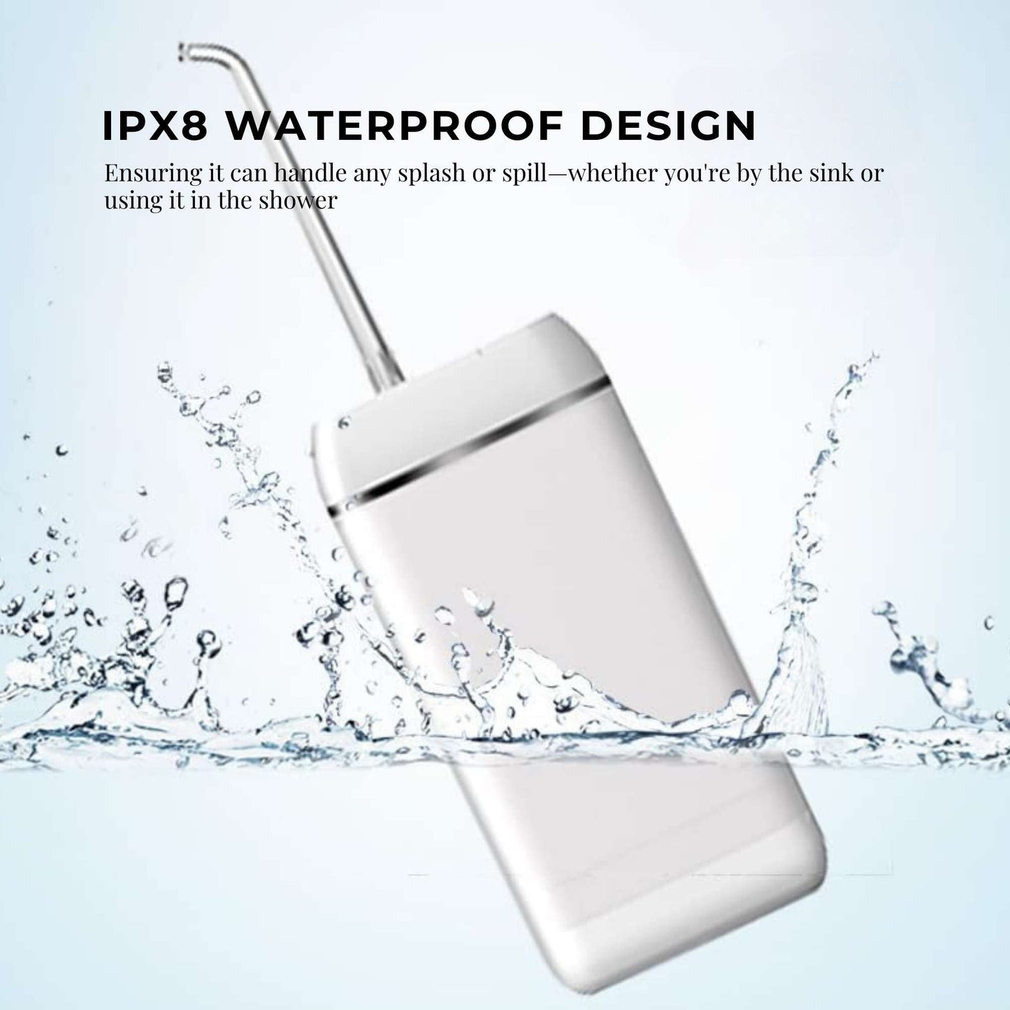 White Hlpmedical mini water flosser, rechargeable cordless oral irrigator for travel and oral hygiene cleaning.