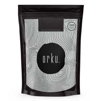 2kg pack of Orku Sodium Benzoate USP/FCC Grade prills, a preservative used in food and health supplements, shown in a clear container.