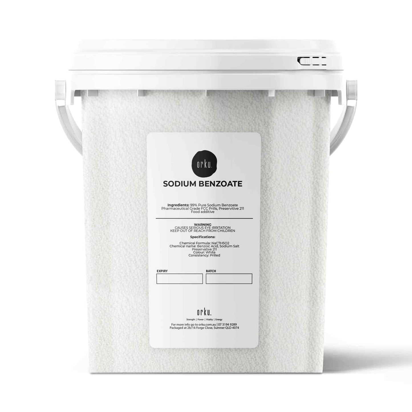 800g Orku Sodium Benzoate USP/FCC Grade prills, a preservative used in health and beauty supplements, shown in the image.
