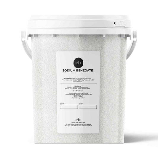 800g Orku Sodium Benzoate USP/FCC Grade prills, a preservative used in health and beauty supplements, shown in the image.