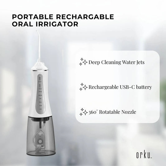 Hlpmedical Orku Portable Oral Irrigator Flosser with 350ml water tank, rechargeable teeth cleaner for effective oral hygiene.