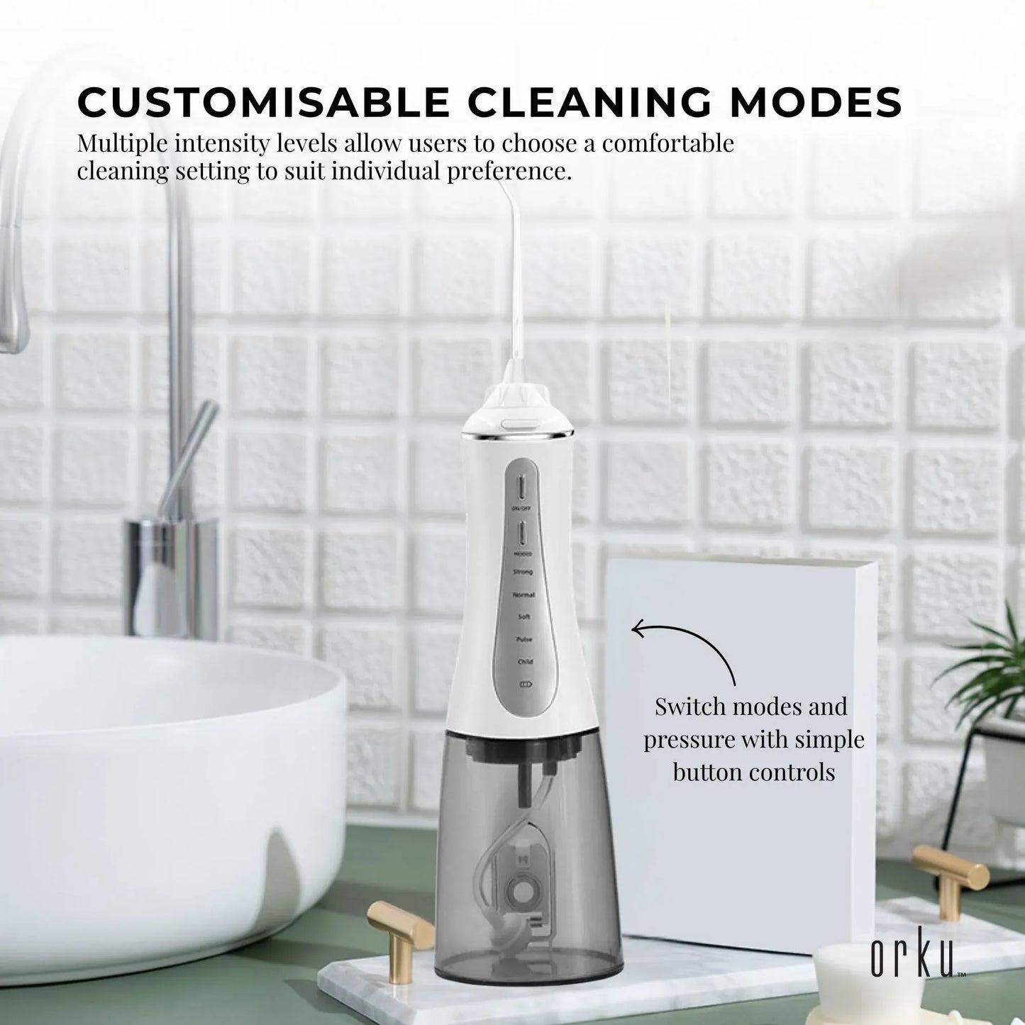 Hlpmedical Orku portable oral irrigator flosser with 350ml water tank, rechargeable teeth cleaner for effective oral hygiene.