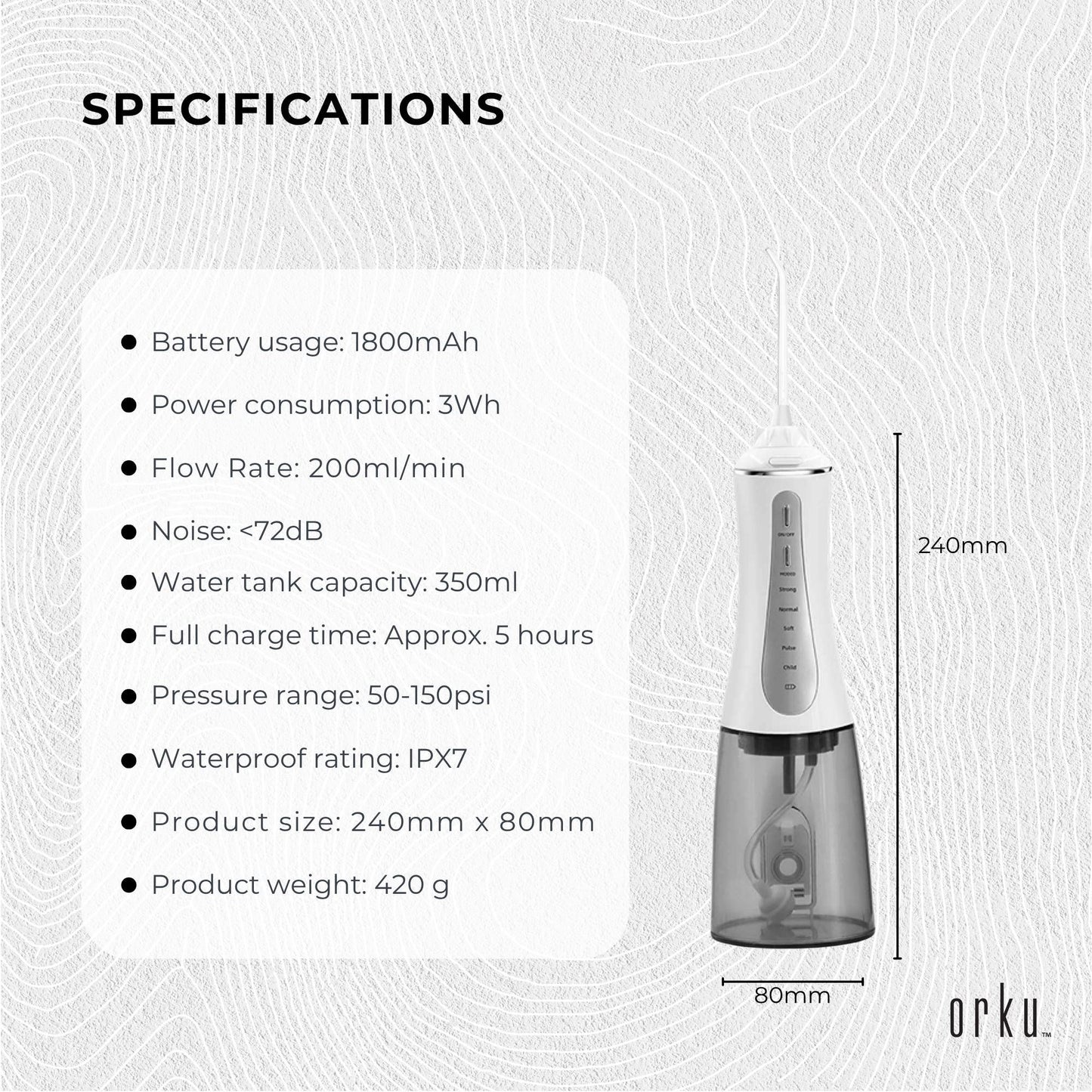 Hlpmedical Orku portable oral irrigator flosser with 350ml water tank, rechargeable dental teeth cleaner for oral care.