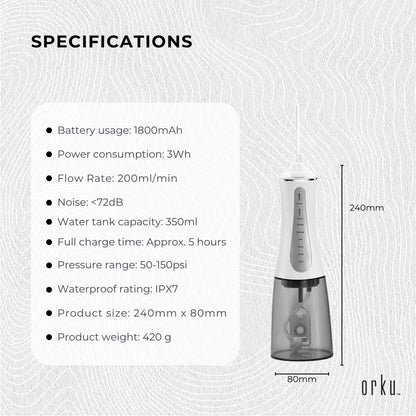 Hlpmedical Orku portable oral irrigator flosser with 350ml water tank, rechargeable dental teeth cleaner for oral care.