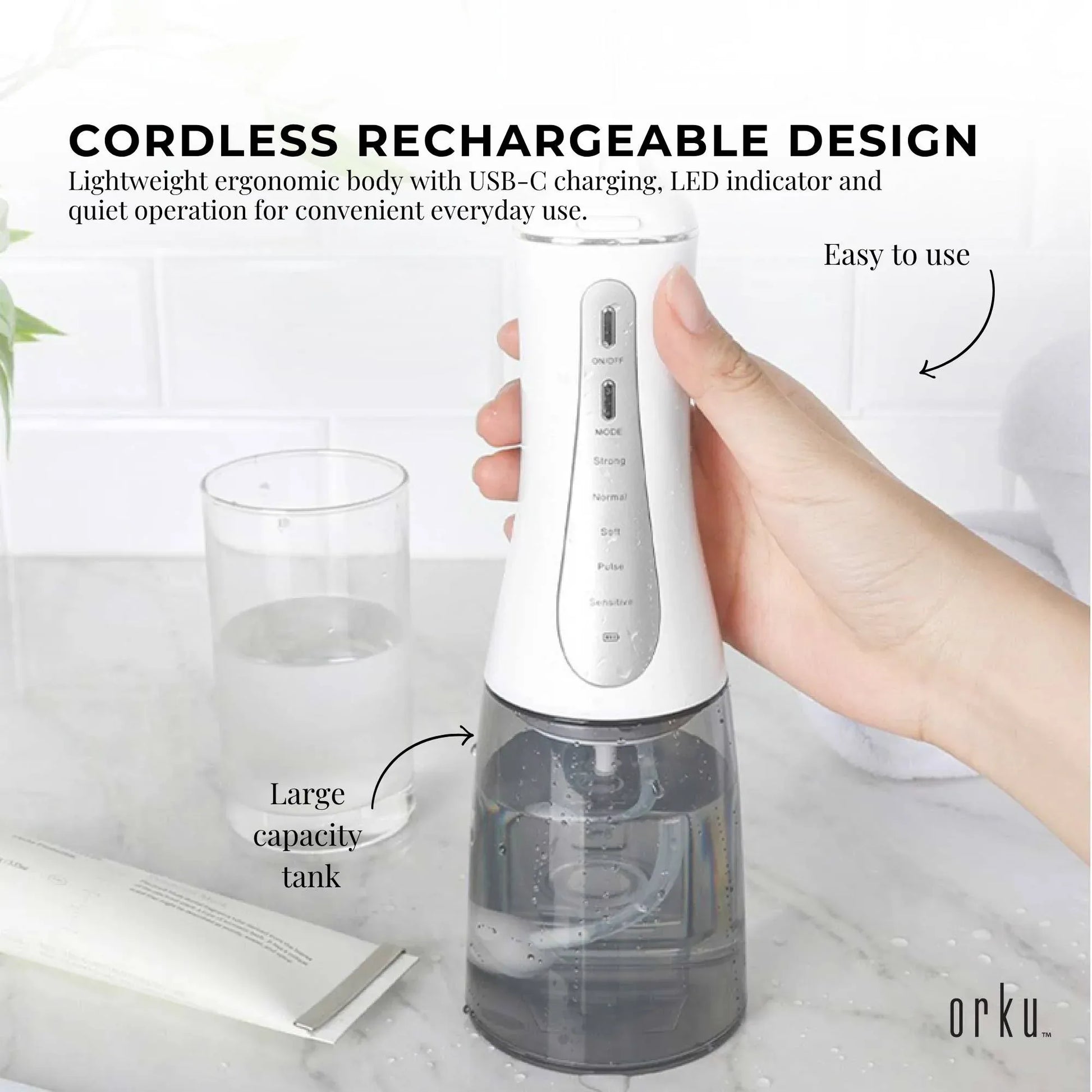 Hlpmedical Orku portable water dental flosser with 350ml water capacity, rechargeable oral irrigator for effective teeth cleaning.