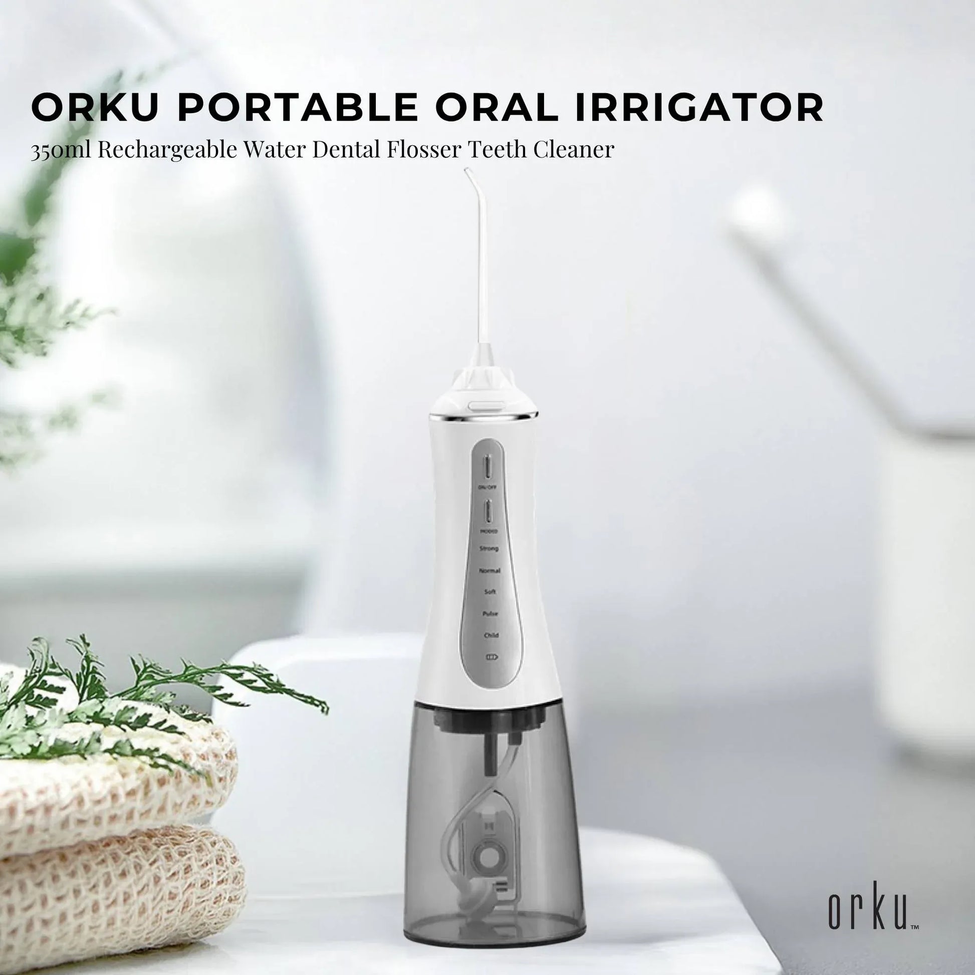 Hlpmedical Orku portable oral irrigator with 350ml water tank, rechargeable dental flosser for teeth cleaning and oral hygiene.