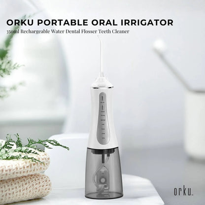 Hlpmedical Orku portable oral irrigator with 350ml water tank, rechargeable dental flosser for teeth cleaning and oral hygiene.