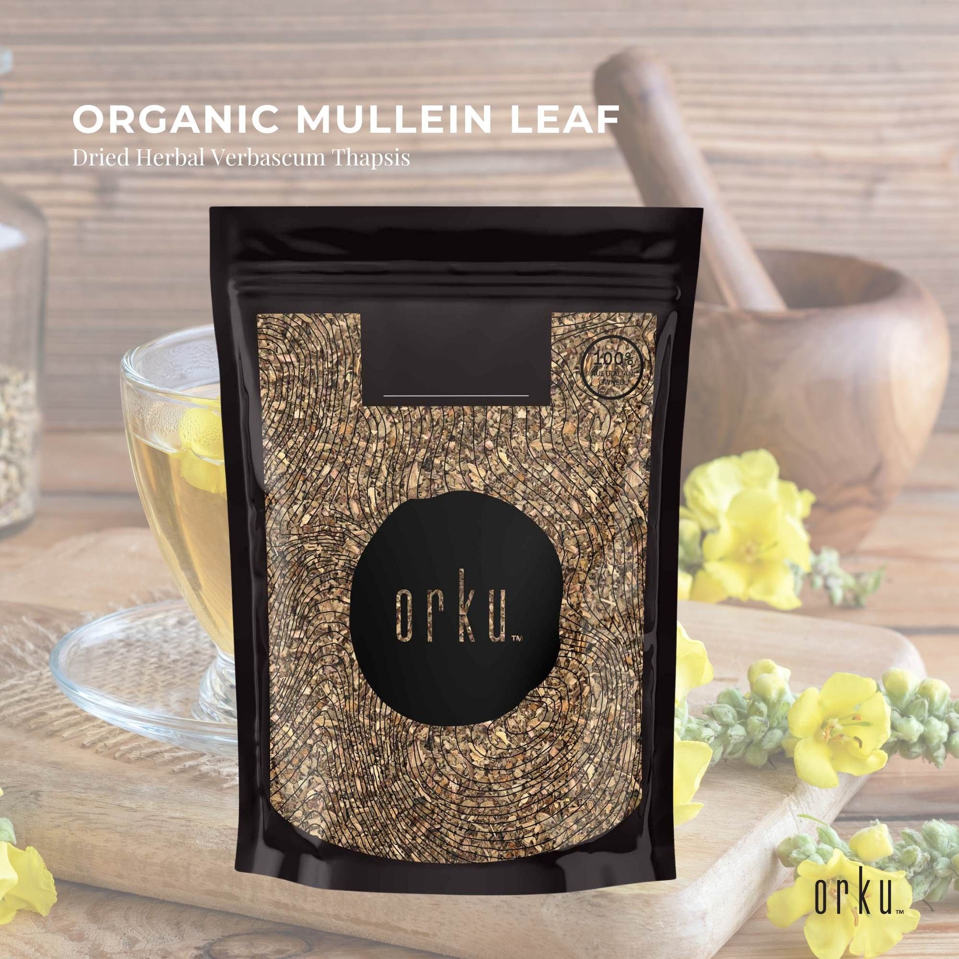 Dried organic mullein leaf from Hlpmedical, 25g herbal supplement for respiratory health, shown in a clear glass jar.