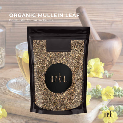 Dried organic mullein leaf in a 100g package, herbal supplement from Hlpmedical, used for respiratory health and natural wellness.
