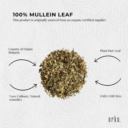Dried organic mullein leaf in a 1kg package, herbal supplement from Hlpmedical for health and respiratory support.