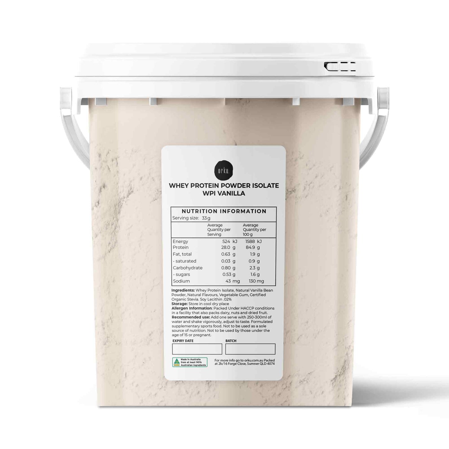 Hlpmedical Orku 500g Vanilla Whey Protein Isolate powder tub, high-quality sports nutrition supplement for muscle recovery and health