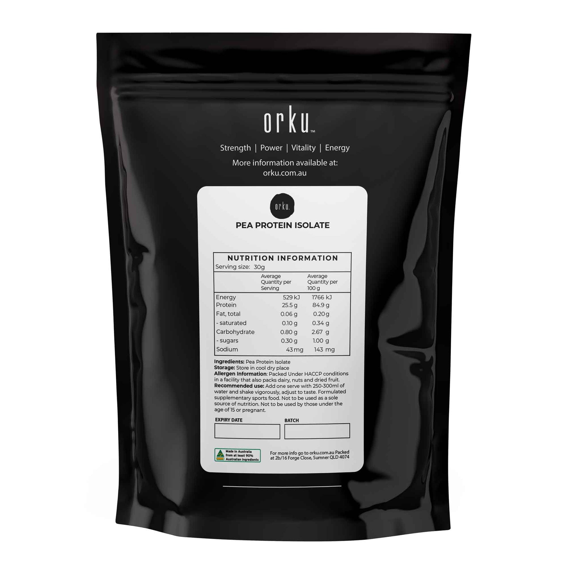 Hlpmedical Orku 100g pea protein isolate powder in a clear container, high protein plant-based unsweetened supplement for health and fitness