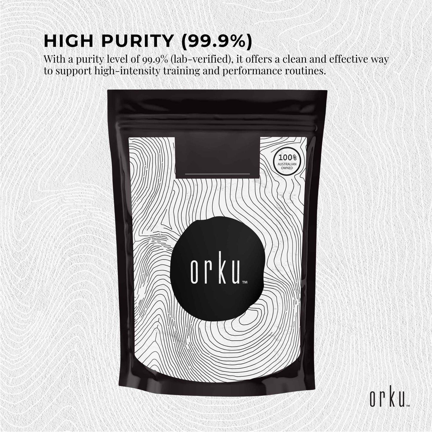 Hlpmedical Orku 400g micronized creatine monohydrate powder, 99.9% purity, in a clear container for sports nutrition and muscle support