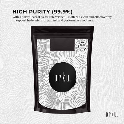 Hlpmedical Orku 400g micronized creatine monohydrate powder, 99.9% purity, in a clear container for sports nutrition and muscle support