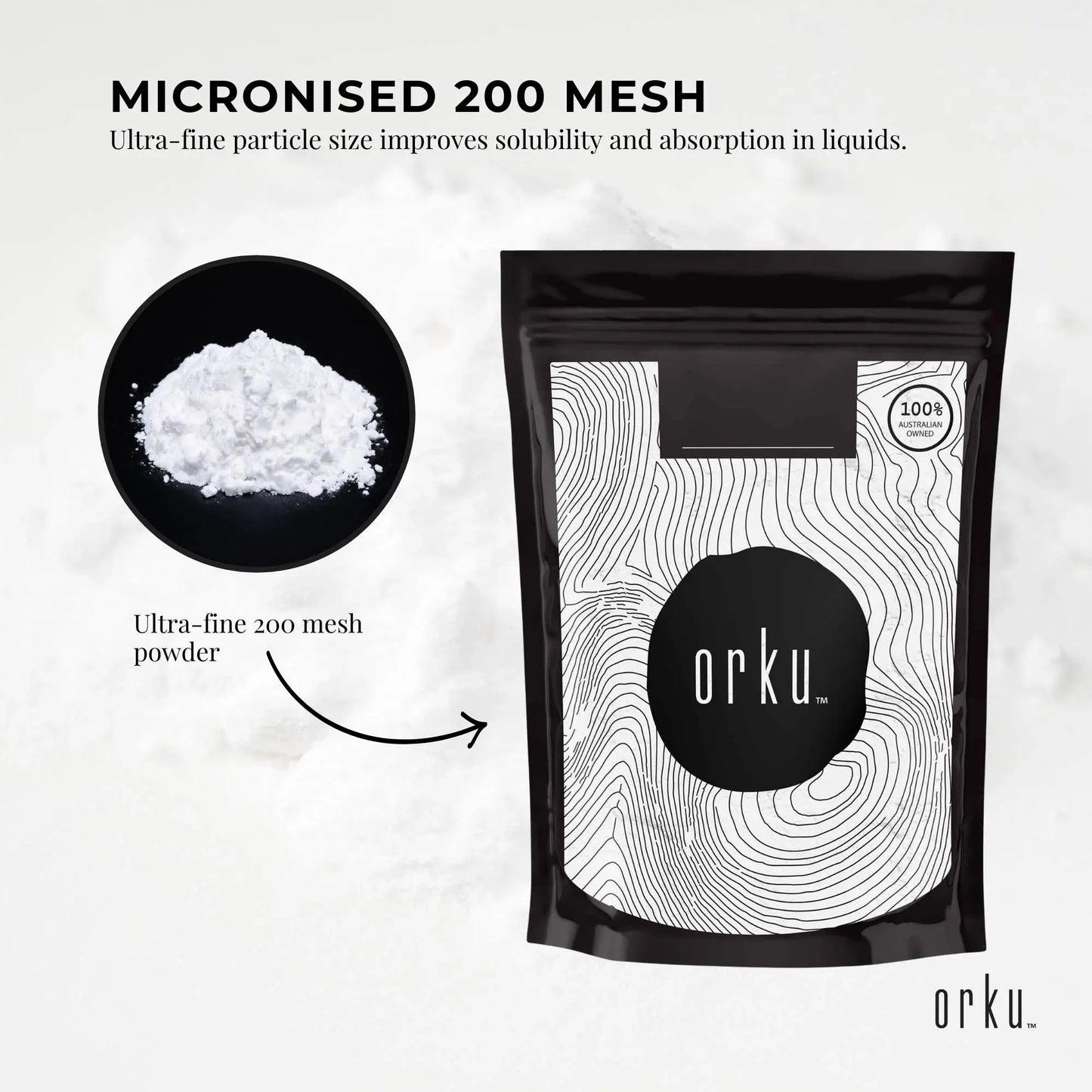Hlpmedical Orku 400g creatine monohydrate powder, 200 mesh micronized, with 99.9% purity, in a clear container.