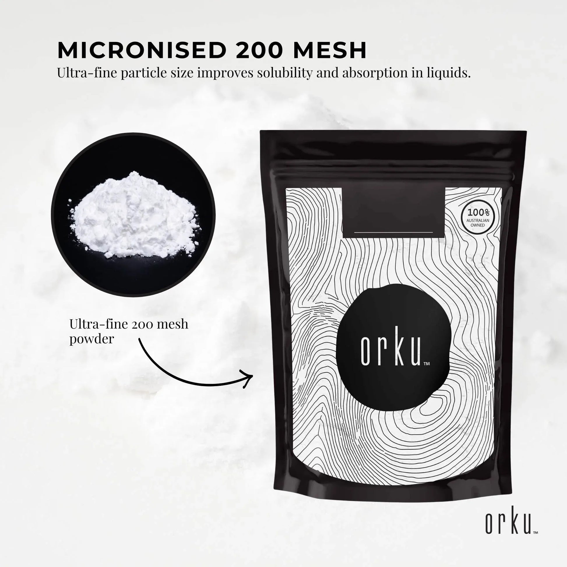 Hlpmedical Orku 400g creatine monohydrate powder, 200 mesh micronized, with 99.9% purity, in a clear container.