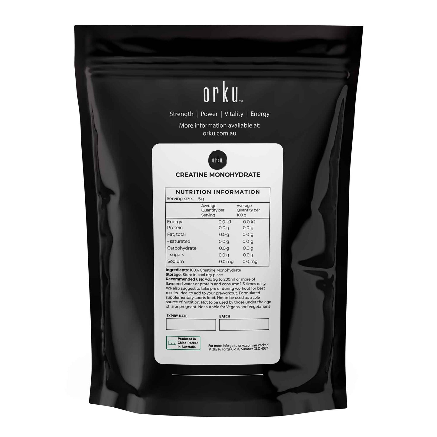 Hlpmedical Orku 400g micronized creatine monohydrate powder, 99.9% purity, in a clear container for fitness nutrition supplement
