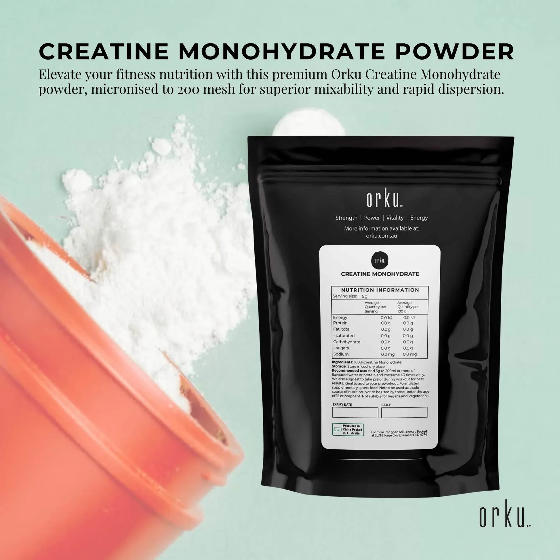Hlpmedical Orku 2kg Creatine Monohydrate powder, 200 mesh micronized, 99.9% purity, supplement for muscle strength and performance