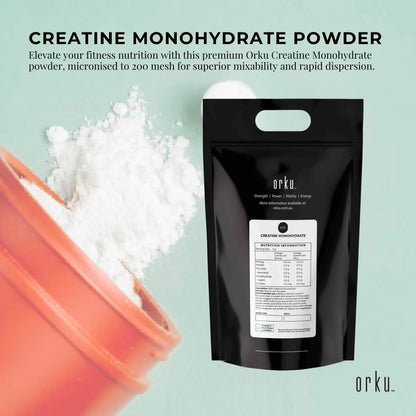 Hlpmedical Orku 5kg micronized creatine monohydrate powder with 99.9% purity, shown in a clear container for sports nutrition.