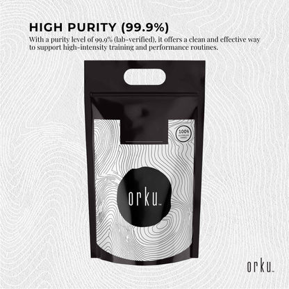 Hlpmedical Orku 10kg creatine monohydrate powder, 200 mesh micronized, 99.9% purity, in a white container with label and scoop