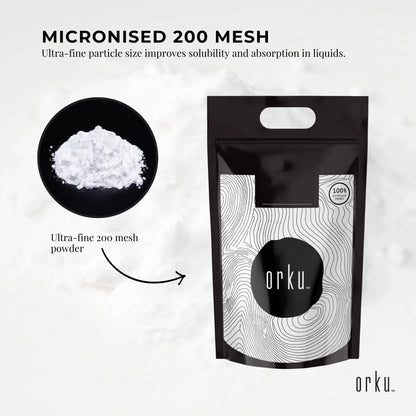 Hlpmedical Orku 10kg creatine monohydrate powder, 200 mesh micronized, 99.9% purity, in a clear container with scoop