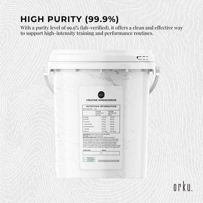 Hlpmedical Orku Creatine Monohydrate powder tub, 800g, micronized 200 mesh, 99.9% purity for fitness and muscle support.