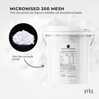 Hlpmedical Orku 800g creatine monohydrate powder tub, 200 mesh micronised, 99.9% purity, in a white container.