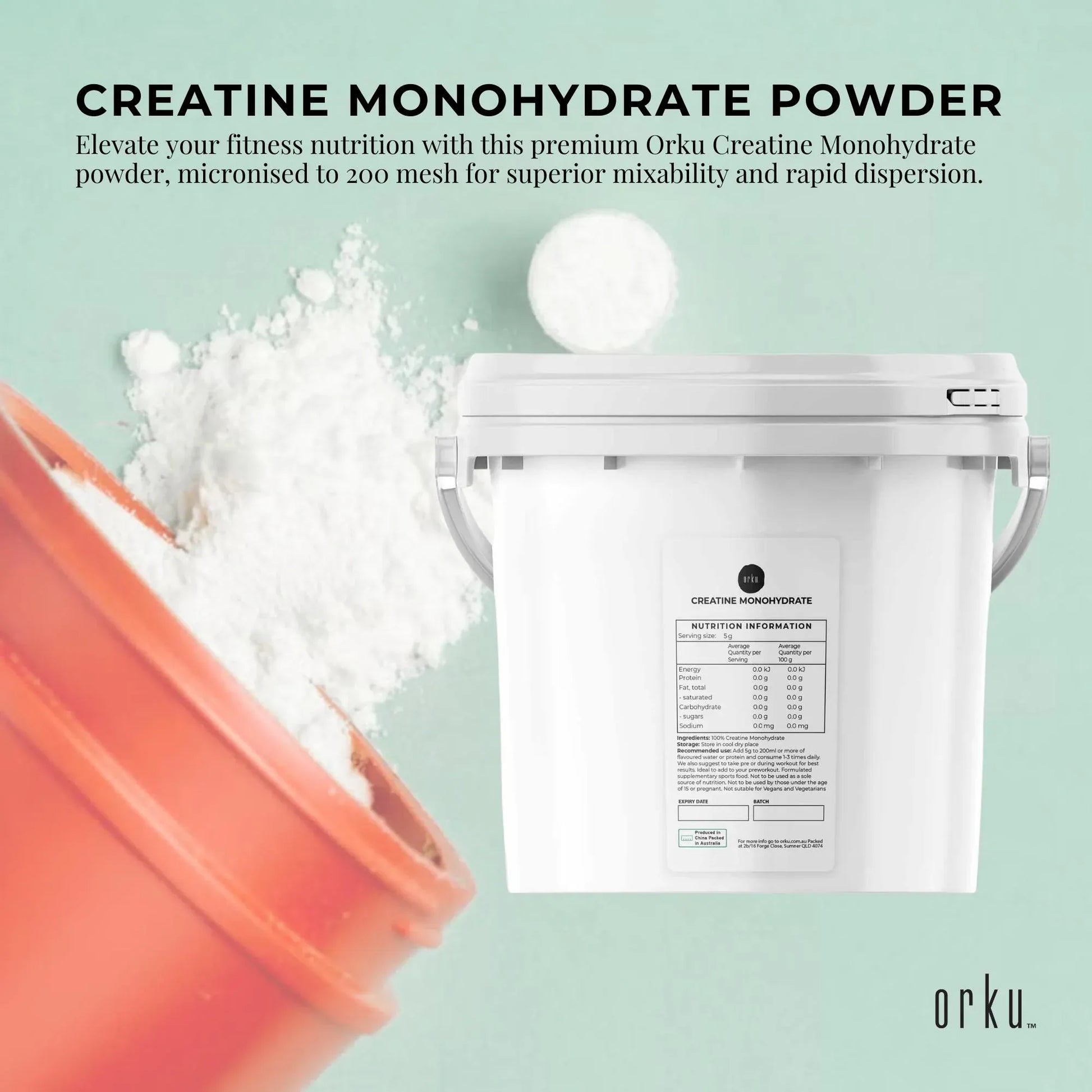 Hlpmedical Orku 3kg creatine monohydrate powder tub, 200 mesh micronized, 99.9% purity, in a white container with label