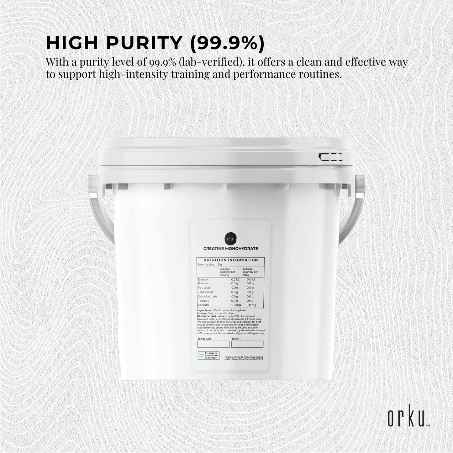 Hlpmedical Orku 3kg creatine monohydrate powder tub, micronised 200 mesh, 99.9% purity, health and fitness supplement.