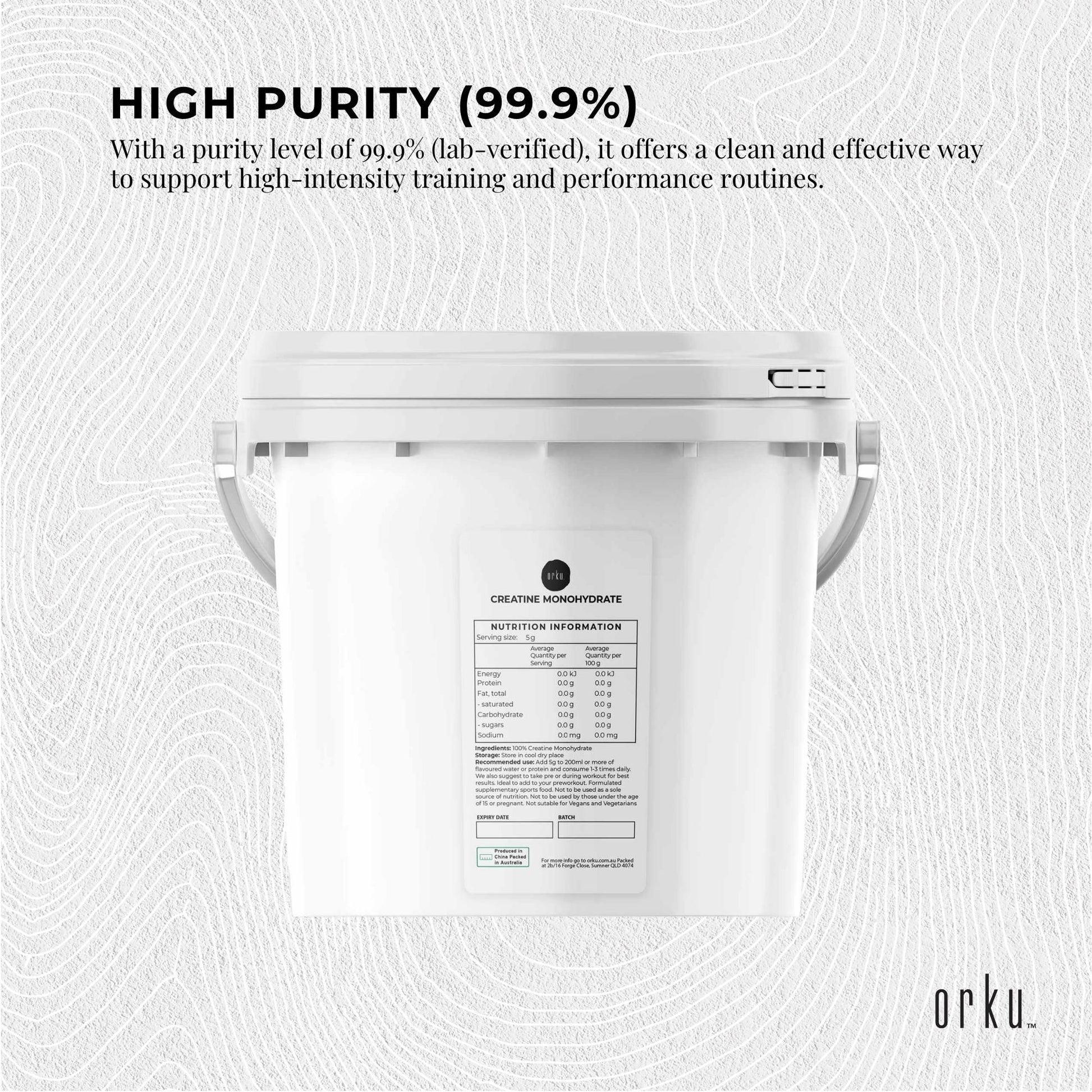Hlpmedical Orku 3kg creatine monohydrate powder tub, micronised 200 mesh, 99.9% purity, health and fitness supplement.
