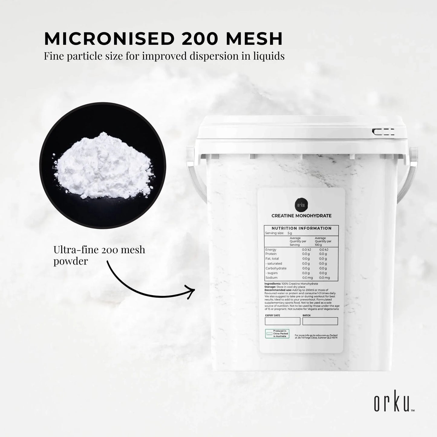 Hlpmedical Orku 3kg creatine monohydrate powder tub, 200 mesh micronized, 99.9% purity, in a white container with label.