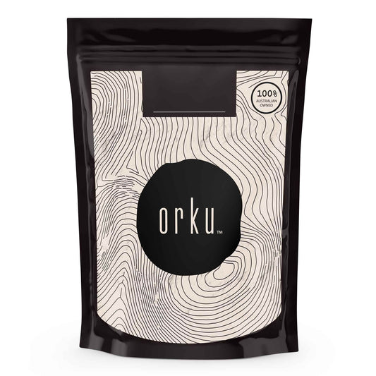 Unflavored Orku 400g WPI Whey Protein Isolate powder in native bag, suitable for health and nutrition supplements.