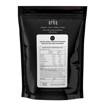 Unflavored Orku 400g WPI Whey Protein Isolate powder in native bag, natural supplement for fitness and health nutrition.